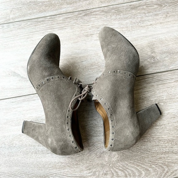 Geox Taupe Suede Leather Fringe Lace Up Western Heeled Bootie - Picture 8 of 13